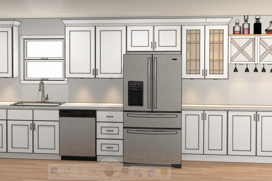 Computer rendering (not a photo) of a kitchen with white cabinets, glass-front upper doors, a stainless refrigerator, and a sink