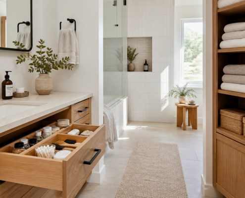 Bathroom storage with vanity drawers, cabinet space, and shower niche for daily essentials.