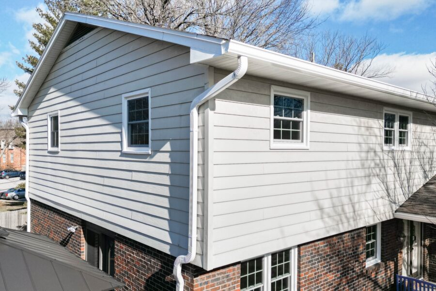 New siding, soffit and gutters on a two-story home